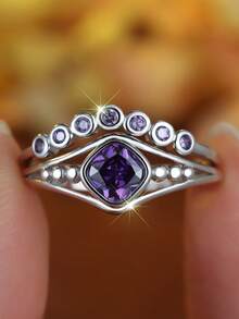 1pc Luxurious & Alluring Purple Geometric Cubic Zirconia Women's Fashion Ring Set, Party/Birthday/Engagement/Wedding/Anniversary Gift, Everyday Wear - Purple - View 1