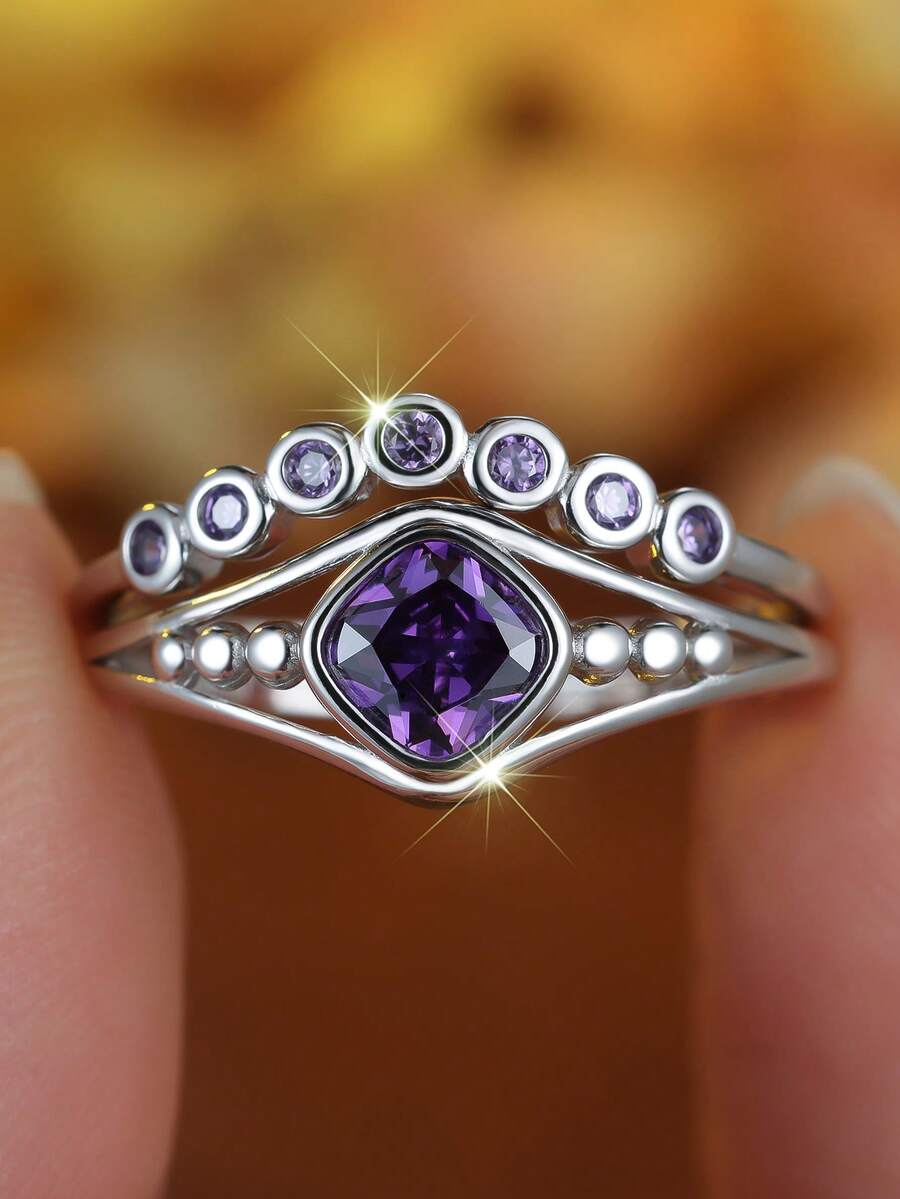1pc Luxurious & Alluring Purple Geometric Cubic Zirconia Women's Fashion Ring Set, Party/Birthday/Engagement/Wedding/Anniversary Gift, Everyday Wear - Purple - View 1