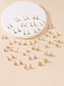 30 pares de pendientes de botón asimétricos con forma de corazón, flor y geometría, con cristales de metal, para uso casual y como regalo - Amarillo Oro - Ver 2