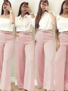 Women's Minimalist Design Flared Leg Casual Trousers, Suitable For Commuting, Office, Daily Wear, All Seasons - Pink - View 6