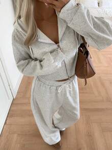 女士卫衣两件套秋冬运动街头连帽衫开衫外套宽松阔腿裤套装 - 灰色 - 查看 3