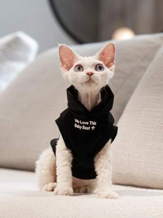  1 pieza Sudadera con capucha para mascotas HUITAIYANG, Sudadera con capucha de media manga para gatos, Sudaderas con capucha para perros y gatos, Ropa de estar para mascotas de otoño/invierno, Ropa para gatos con capucha, Estampado de letras, Camiseta negra para mascotas, Tops para perros, Ropa para mascotas