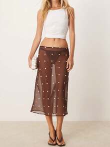 Women Y2k Mesh Sheer Midi Skirt Polka Dots Low Rise Fishtail Skirts Summer See Through Bodycon Skirts Casual Going Out Flowy Skirts Beach Vacation Cover Up Skirt Clothes - 棕色 - 查看 2
