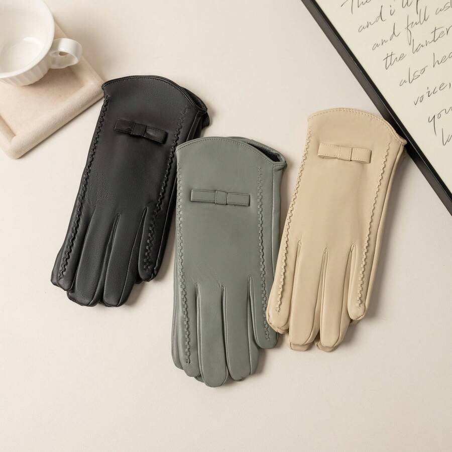 Women's Beige Leather Bow Gloves Elegant Winter Dress Gloves Soft, Warm-Weather Accessories Christmas Party Gift - Multicolor - View 1