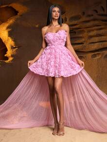 Faeriesty 优雅迷你婚纱，饰以精致的 3D 立体花卉贴花和轻盈的薄纱拖尾——非常适合夏季婚礼、花园派对、奢华仪式或正式晚宴。 - 粉色 - 查看 6