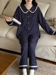 2pcs Women Pajama Set, Floral Print Crew Neck Long Sleeve Top And Floral Print Long Pants, Cute Cartoon Minimalist Style, Comfortable For Home & Leisure, Suitable For Spring, Autumn, Winter