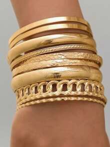 19/10pcs/5pcs/4pcs Fashion Simple Vintage Coin Style Bangle Bracelet Set, Gold-Tone Open Cuff Geometric Smooth Twisted Spiral Wide Bangle Bracelets, Stacking Shiny Bracelets Suitable For Daily Wear, Party, Wedding, Christmas Gift - 金黃色 - 查看 10