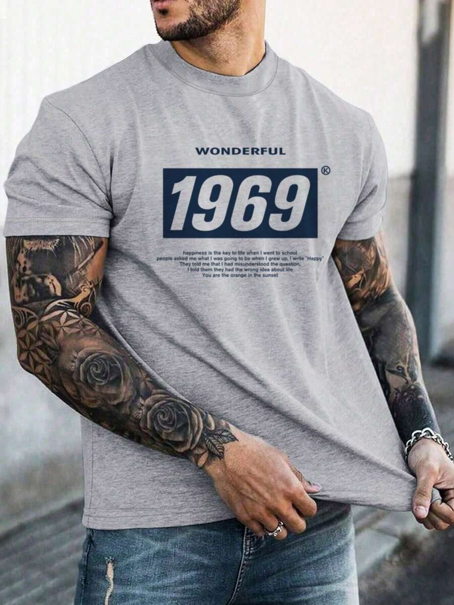 Men's Casual Slogan Print Round Neck Short Sleeve T-Shirt - Grey - View 1