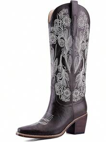 Women's Western Cowboy Boots Knee High, Floral Embroidered Vintage Cowgirl Boots With Pointed Toe & Chunky Heel, Pull-On Tabs For Country Style, Concert, Party And Daily WearChristmas - 深棕色刺繡 - 查看 8
