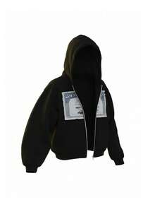 Mens Vintage American Style Black Zip Up Hoodies Distressed Creativity Pattern Print Hoodies Winter Essentials Street Style Casual Hoodies With Pockets - màu đen - Xem 3