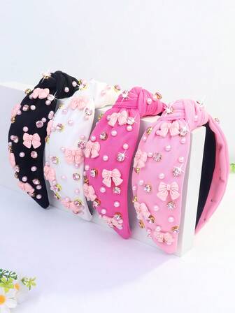 1 Peça Faixa de Cabeça Larga de Poliéster Sólida com Laço, Strass e Pérolas Fofas, Acessório de Cabelo Presente do Dia dos Namorados para Mulheres