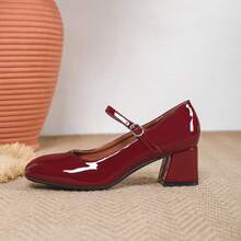 Women's Fashionable Solid Color Retro College Style Button High Heels - Burgundy - View 3