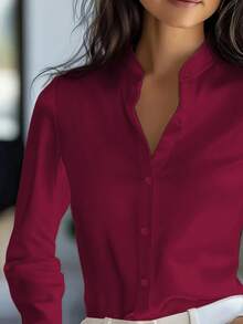 Women's Elegant Satin Burgundy Long Sleeve Blouse, Versatile Solid Color Top For Commuting, Classic Collar, Skin-Friendly Soft And Smooth Satin Fabric, Not See-Through, Machine Washable And Dry Cleanable, Suitable For Office, Casual And Formal Occasions, Suitable For Spring, Summer And Autumn - Burgundy - View 5
