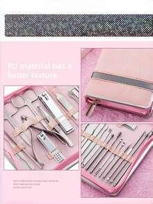 26 piezas Kit de herramientas de manicura de acero inoxidable premium, incluye lima de uñas recta, cucharilla para oídos y tijeras - Juego de belleza profesional de estilo moderno para viajes - Rosa - Ver 2