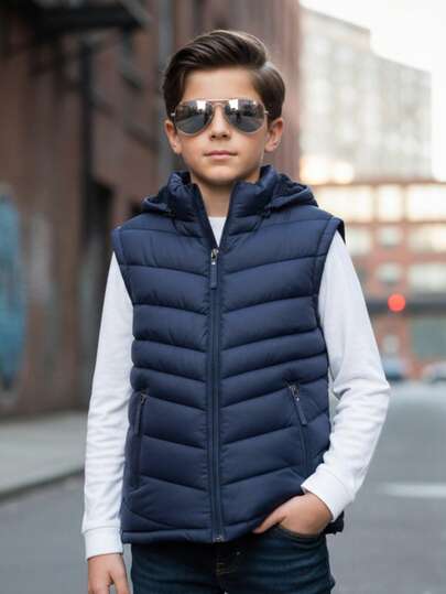  Little Big City Chaleco acolchado con capucha para niño o adolescente, estilo juvenil moderno tipo puffer casual urbano, ideal para invierno o entretiempo, prenda ligera perfecta para escuela, salidas o uso diario, moda infantil masculina versátil, cómoda y fácil de combinar con jeans o sudaderas