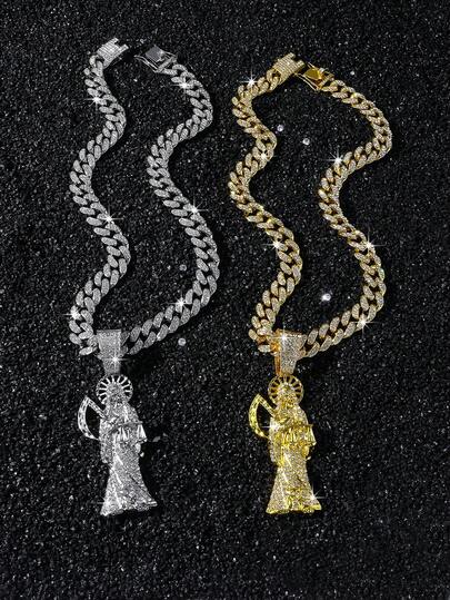 1 pieza Collar de cadena con colgante de Segador Siniestro con estilo de hip hop totalmente cubierto de rhinestones para hombres