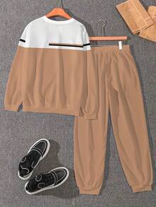 男士拼色印花圆领运动服套装，时尚简约运动衫套装，适合春秋季户外、约会、健身、跑步、休闲穿着