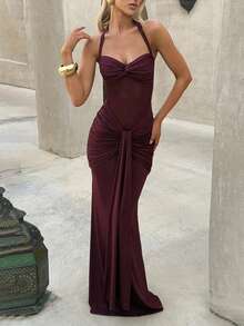 Sexy Spaghetti Strap Backless Waist Cinched High Slit Dress, Mesh Patchwork Vacation Party Dress