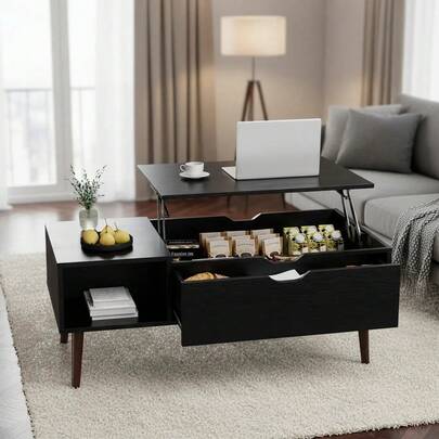 Mesa de centro estriada con compartimento oculto, mesas de centro elevadoras de madera, mesa central moderna para sala de estar, oficina en casa, color negro