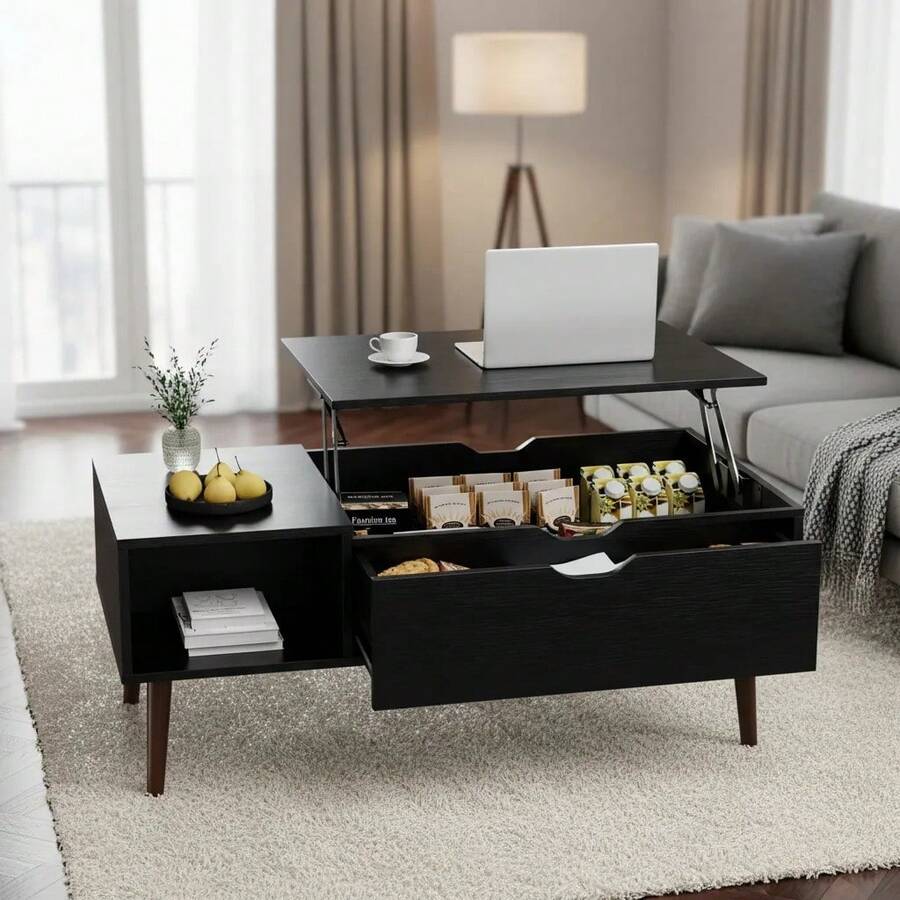 Mesa de centro estriada con compartimento oculto, mesas de centro elevadoras de madera, mesa central moderna para sala de estar, oficina en casa, color negro - Negro - Ver 1