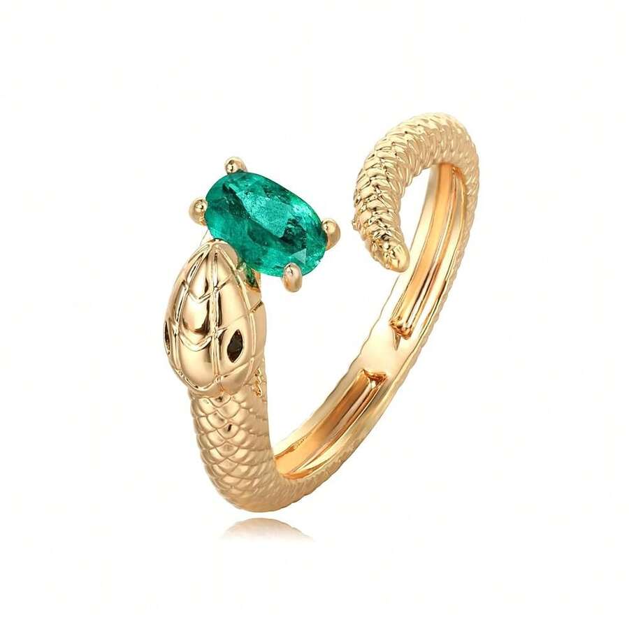 Valloey Rover Emerald Ring-Chunky Gold Rings For Women Non Tarnish 14K Gold Plated Stackable Vintage Snake Green Gemstone Solitaire Rings Statement Wedding Engagement Promise Ring Jewelry Gifts For Women Mom,Open - 打開 - 查看 1