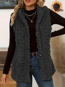 女士纯色连帽针织背心，无袖纽扣开衫，常规长度，带绒毛细节 - 灰色 - 查看 3