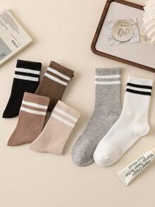 6 Pairs Women's Striped Business & Casual Socks With Elastic Band, Soft, Comfortable, Fashionable & Elegant Mid-Calf Socks For Daily Wear