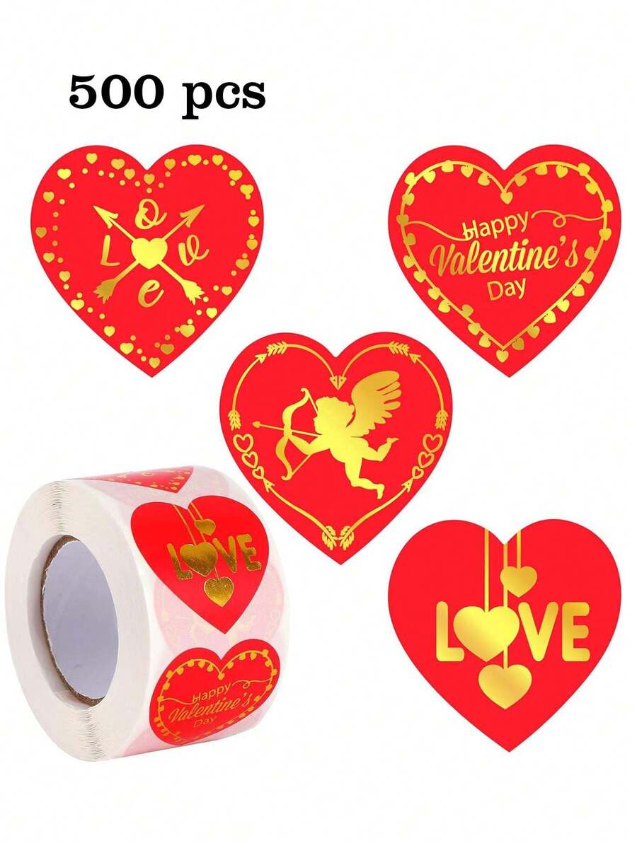 500 piezas/Rollo Pegatinas de corazón dorado con dibujos, Corazón de 1 pulgada con 4 patrones, Regalos hechos a mano con sobres rojos y dorados de Cupido, Pegatinas decorativas DIY para Año Nuevo, Día de San Valentín, Decoración de vacaciones, Boda, Suministros para el aula, Sello de pegatina de PVC
