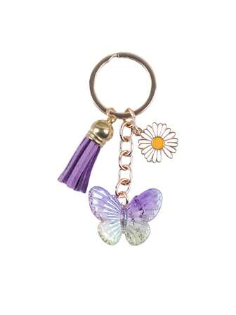 1个渐变彩色蝴蝶亚克力钥匙扣，可爱金属雏菊流苏配饰，背包钥匙圈，送给亲朋好友的礼物