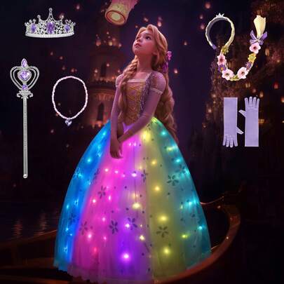 Girls' Princess Dress, Children's Party Dress, Synchronized With Music, Remote Control App, Suitable For Halloween Cosplay, Includes Crown, Magic Wand, Wig, Gloves, Necklace (Batteries Not Included)