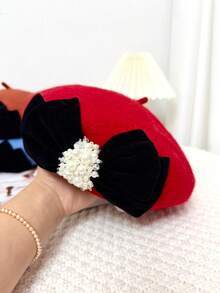 Fashionable Elegant Party Bow Beaded Decorated Beret Hat - Red - View 5