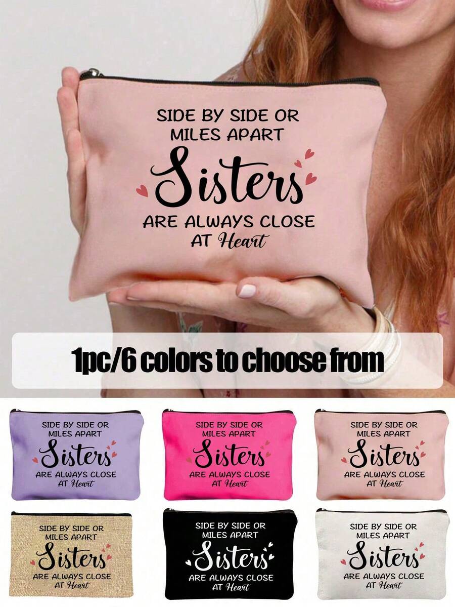 1 pièce Sac de maquillage "Soul Sister", design réconfortant "Les sœurs sont toujours proches du cœur", pochette de cosmétiques en lin avec design en forme de cœur, cadeau parfait pour les sœurs, les meilleures amies et les essentiels de voyage, citation "À mes côtés, à des miles de distance", organisateur compact et élégant, sac de voyage pour maquillage, pour mariage, anniversaire, Noël et Thanksgiving - Multicolore - Voir 1