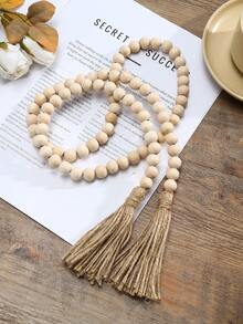 A Wooden Beaded Wreath With Jute Tassels, A Bohemian Style, Rustic Farmhouse Decor, A Handcrafted Home Decor Accessory For Holiday Dining Tables And Living Rooms. - Beige - View 6