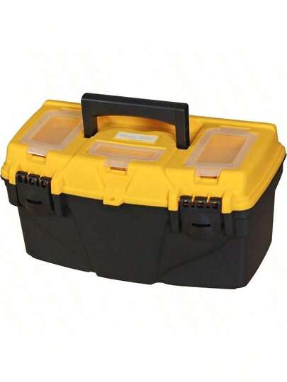 15.5" Plastic Storage Tool Box With Removable Tray,Small Toolbox Organizer With Screw Box, Black/Yellow ATRJH-3015T