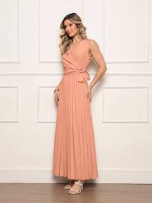 Sleeveless Pleated Maxi Dress With V-Neck And Adjustable Waist - Elegant And Versatile For Events - 鮭魚 - 查看 2