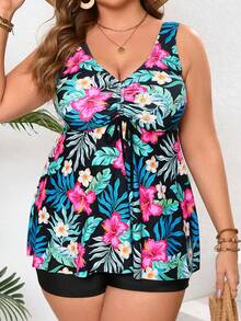 Plus Size Women Tropical Plant Print V-Neck Modest Dress Style Swimsuit