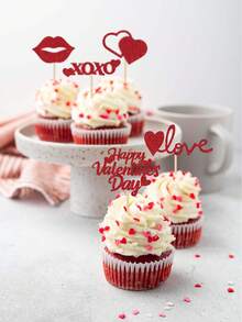 15件套红色/金色情人节蛋糕装饰 - 闪亮爱心、嘴唇、XOXO、LOVE符号蛋糕插牌 - 适用于情人节派对、生日、订婚、婚礼、周年纪念庆祝活动 - 紅色 - 查看 4