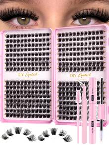 384pcs/Set Large Capacity D-Curl Fluffy False Eyelashes Kit, Thick & Voluminous, Multiple Combinations, Natural & Soft. The Set Includes Eyelash Glue, Adhesive, Setting Gel, Tweezers, And Eyelash Brush, Suitable For Sparse Lash Clusters And False Lashes. Suitable For Travel, Daily Wear (For Beginners), Weddings, Dates, Parties, Holidays, Also Makes A Great Christmas/Halloween/Gift Eyelash Set. - 黑色 - 查看 1