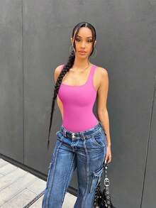 Women's 3 Pieces Bodysuits Sexy Ribbed Sleeveless Square Neck Tank Tops Leotard 2025 Outfits - Black, Rose, White - View 5