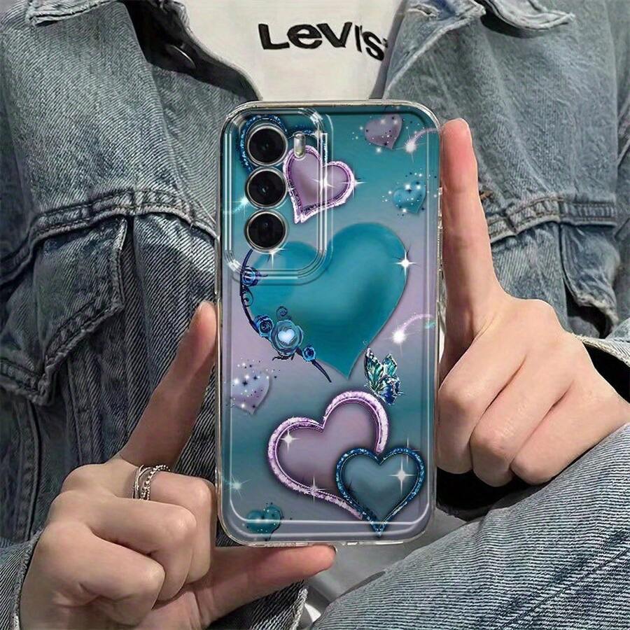 Funda de teléfono de corazón azul púrpura y mariposa para Oppo A3 A3 Pro A3X A5 Pro A16 A17K A18 A38 A40 A55 A57 A57S A58 A60 A76 A77S A78 A79 A80 5G A95 A98 Reno 5 8T 10 11 Pro 12 13F F29 Pro, funda de teléfono de TPU transparente a prueba de golpes de cobertura completa, simple, a la moda, a prueba de golpes, carcasa suave protectora, nuevo patrón creativo. - Colores mixtos - Ver 1