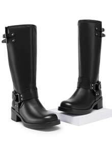 Botas Largas para Mujer, Botas de Motociclista para Dama con Punta Cuadrada - Negro - Ver 6