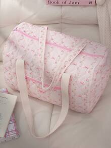 Fashionable Travel Fitness Tote Bag Gym Bag Large Capacity Yoga Bag Quilted Floral&Bow Handbag Multifunctional Duffel Bag Weekender Overnight Sports Bag Travel Business Trip Luggage Handbag Weekend Commute Handbag Handbag For Travel Daily Lift ,Outing ,Work - 粉色 - 查看 3
