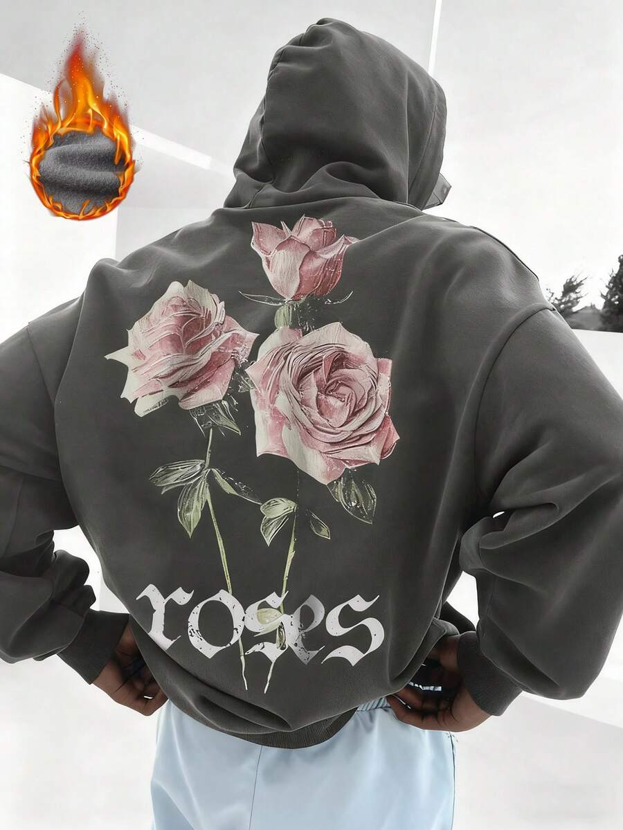 Zrgoth 男士复古玫瑰印花连帽衫,黑色基础款袋鼠口袋套头卫衣,秋冬款 - 深灰色 - 查看 1