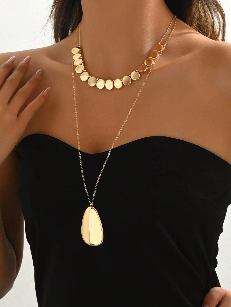 2pcs Minimalist Layered Necklace Set, 1pc Geometric Beaded Short Necklace + 1pc Asymmetrical Water Drop Pendant Long Necklace, Metal Style Necklace Set - Yellow Gold - View 1