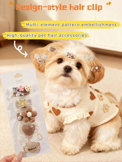 5pcs/Set Cute & Fashionable Pet Dog/Cat Hair Accessories, Bow Tie/Heart/Flower/Animal/Contrast Color Pattern Design Hair Clips, Photogenic, Matching Outfits, Non-Slip