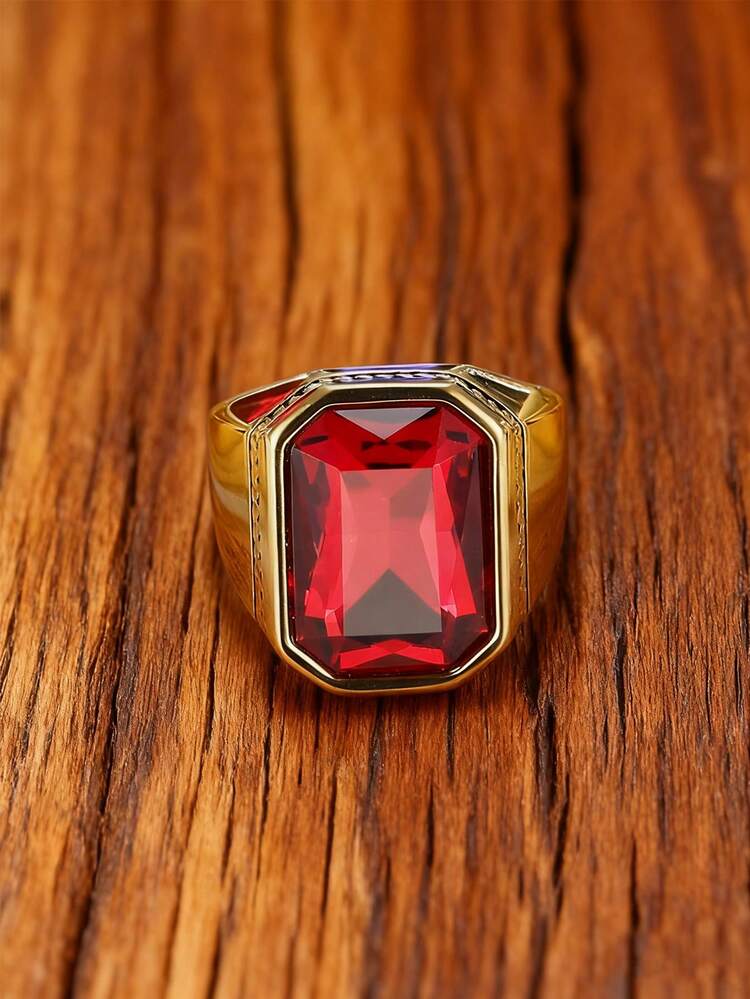 1pc 18K Gold Plated Luxury Vintage Red Cubic Zirconia Simple Boys' Ring, Stainless Steel Jewelry, Best Friend Birthday Gift, Party