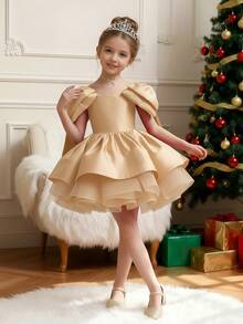 Young Girl' Elegant Champagne Satin Short Sleeve Short Dress, Suitable For Birthday Party, Celebration, Flower Girl Wedding, Bridal, Princess Dress, Photo Shoot, Easter, Vacation - Rượu sâm banh - Xem 8