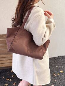 Imitation Suede Tote Bag, Retro Commuter Armpit Bag, Large Capacity, Stylish Shoulder Bag - Coffee - View 5