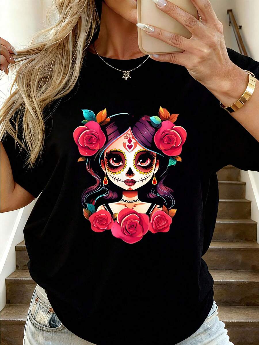 Day Of The Dead T-Shirt For Women, La Catrina Day Of The Dead T-Shirt, Casual Graphic Fashion For Women, Women's Sports Top - 黑色 - 查看 1