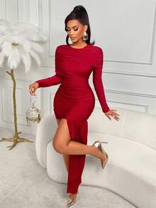 AIJ Amarilo Women's Autumn/Winter Fashion Sexy Going Out Date Party Cocktail Ball Gown Wrap Ruched Long Sleeve Waist Ruched Hip Patchwork Solid Color Mini Dress - Burgundy - View 5
